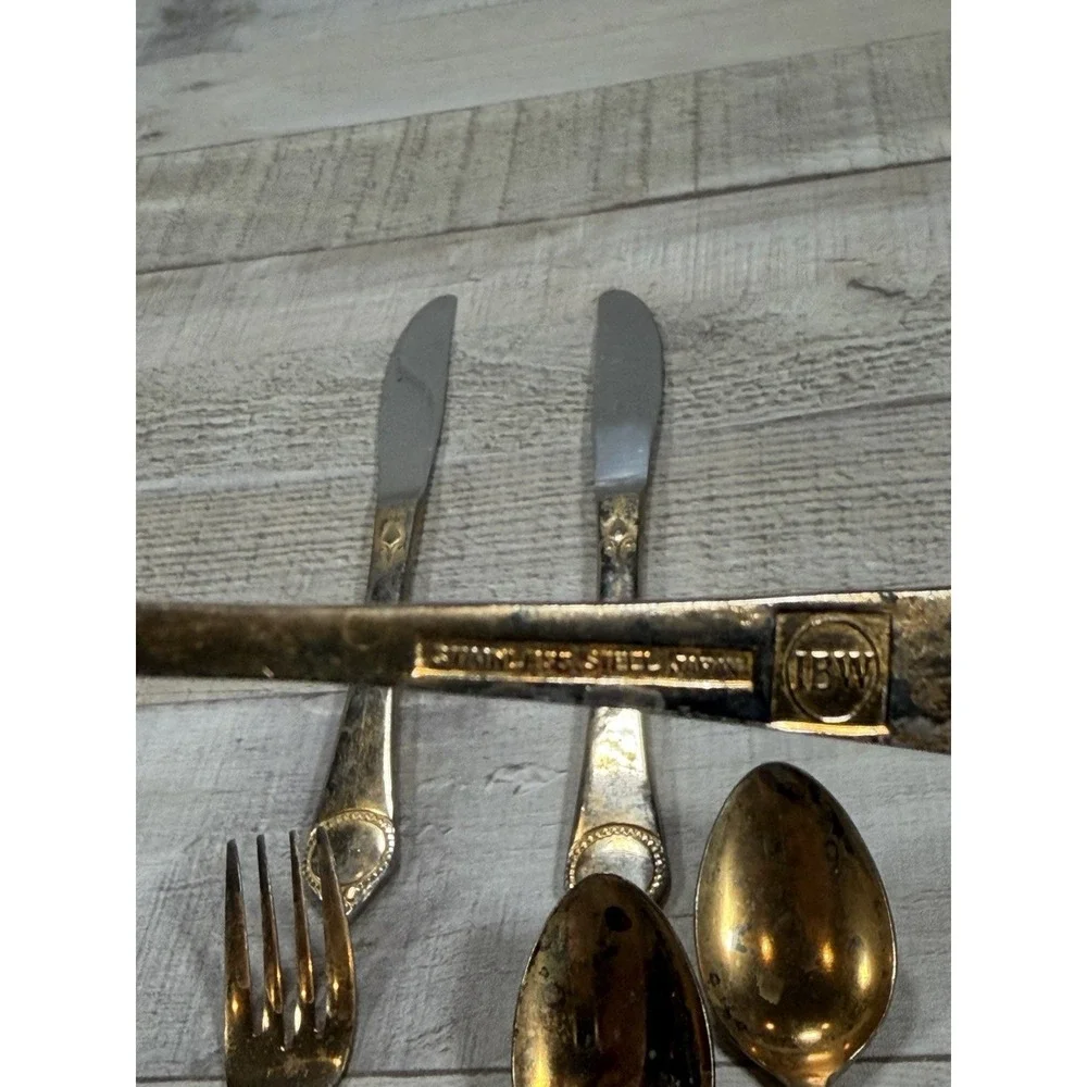 Vintage IBW Japan Gold Plated Stainless Flatware 11 Pc Medallion Pattern